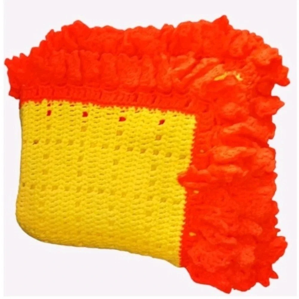 Neon Yellow And Orange Handmade Crochet Afghan Blanket With Ruffle Trim 90